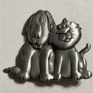 Vintage J.J. Pewter Dog and Cat Brooch